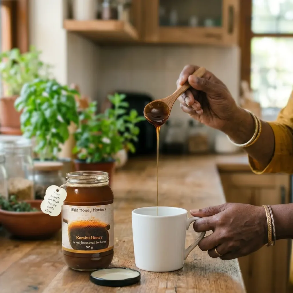 Person pouring dark Kombu honey from a wooden spoon into a white cup beside a jar of Wild Honey Hunters honey on a wooden kitchen counter.