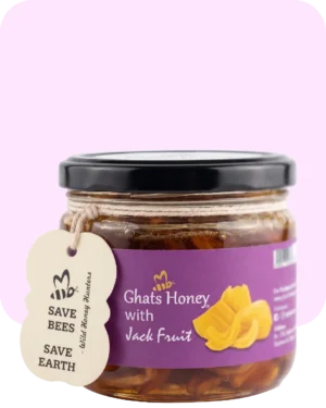 Ghats Honey with Jackfruit in a glass jar, showing ripe jackfruit pieces in wild honey, purple label, and "Save Bees Save Earth" tag.