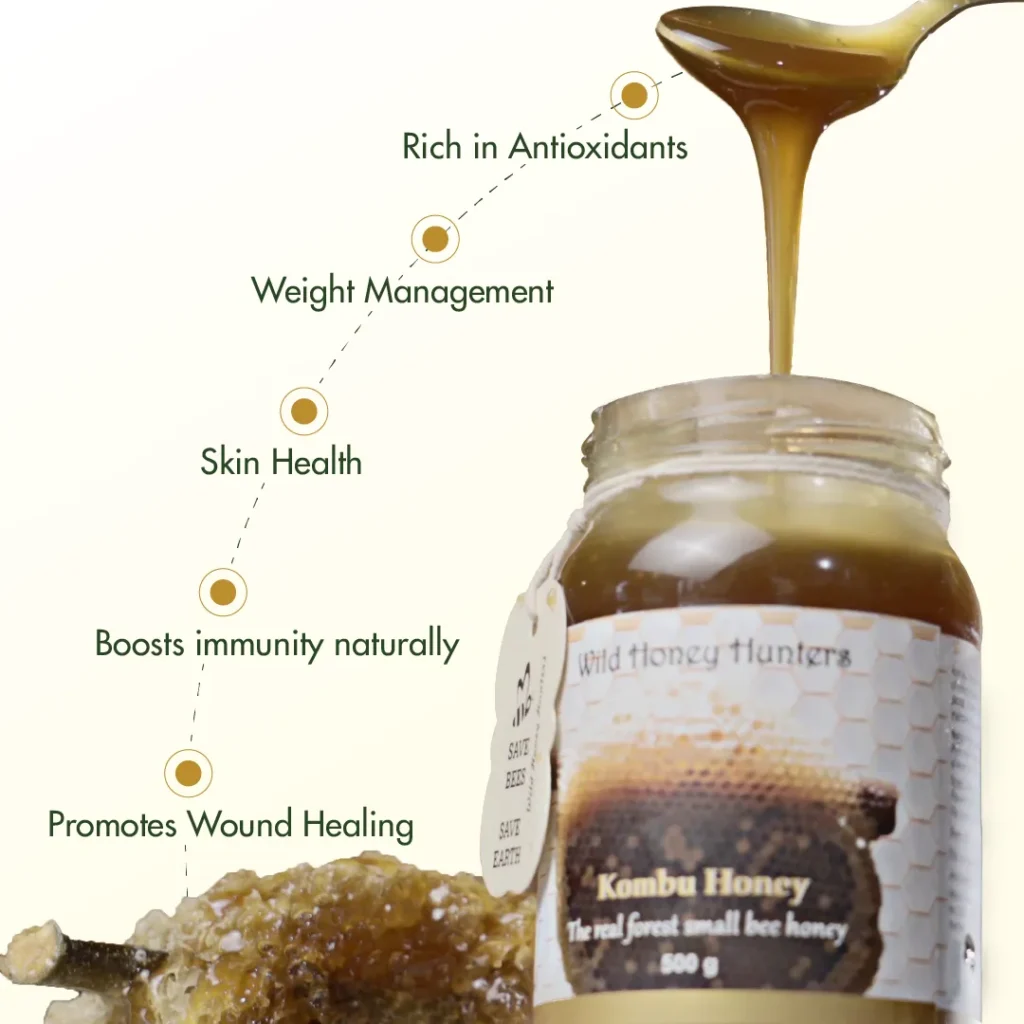 Jar of Kombu honey with text highlighting benefits such as rich in antioxidants, anti-inflammatory effects, antibacterial properties, boosts immunity naturally, and promotes wound healing.