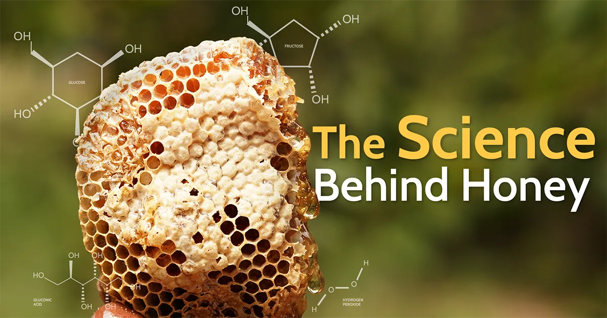 Close-up of a natural honeycomb dripping with honey, overlaid with chemical structures of glucose, fructose, gluconic acid, and hydrogen peroxide, alongside the title "The Science Behind Honey," explaining the chemistry and properties of honey.