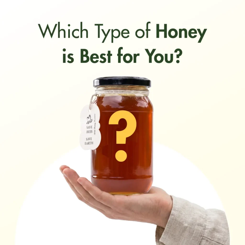 A hand holding a jar of honey with a question mark and the title "Which Type of Honey Is Best for You?" representing the process of choosing the right honey variety.