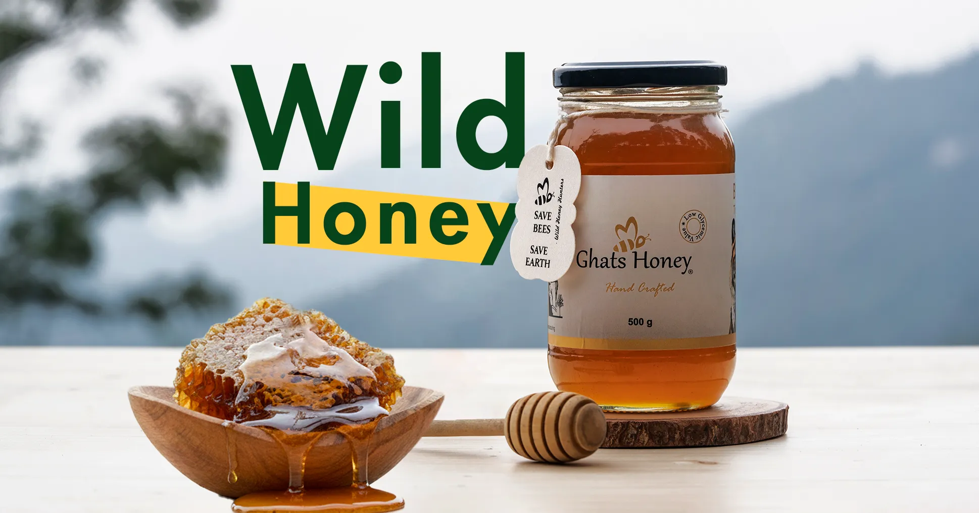 BR Hills honey in a glass jar with honeycomb, displaying its natural golden color, rich texture, and raw purity.